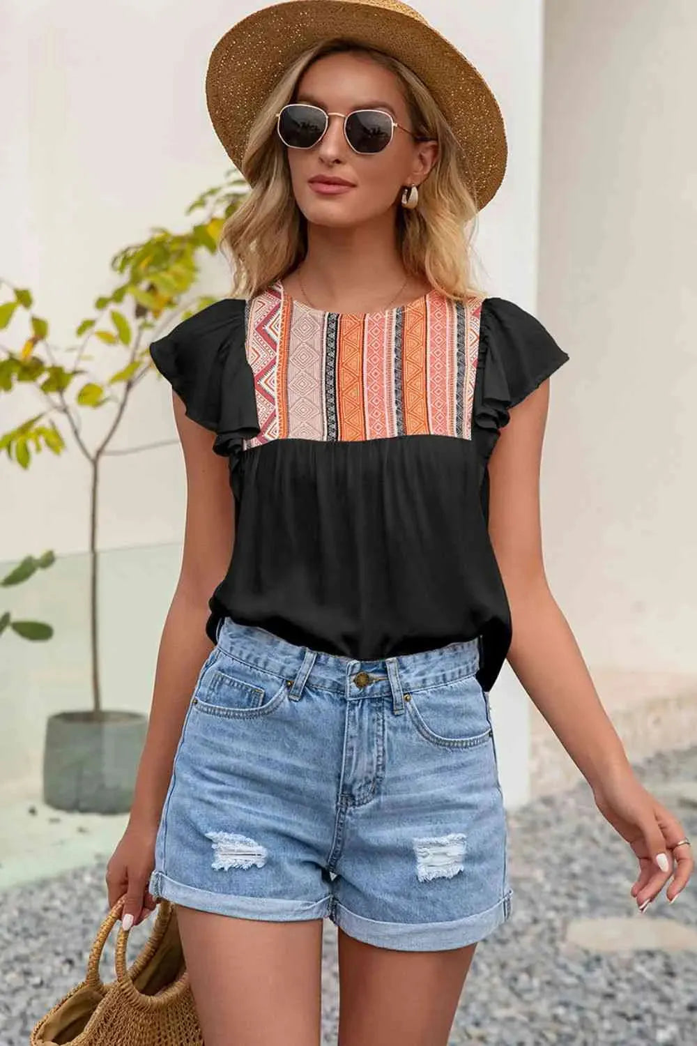 Contrast Print Butterfly Sleeve Top Black Blouses - Tophatter Daily Deals